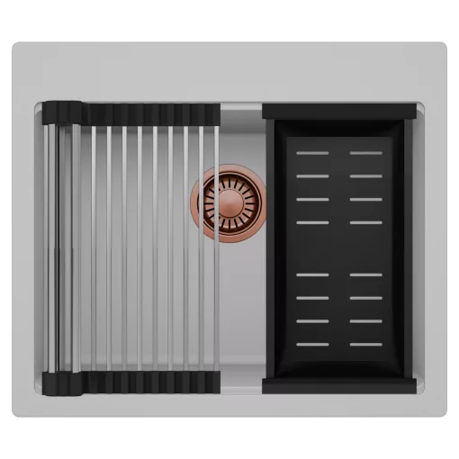 HD Infinity Grey 58 egymedencés gránit mosogatótálca szett, acél csepegtetőráccsal és matt fekete kosárral, alpesi szürke színben, szálcsiszolt réz leeresztő szifonnal