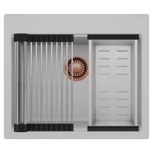 HD Infinity Grey 58 egymedencés gránit mosogatótálca szett, acél csepegtetőráccsal és kosárral, alpesi szürke színben, szálcsiszolt réz leeresztő szifonnal