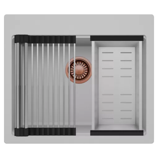 HD Infinity Grey 58 egymedencés gránit mosogatótálca szett, acél csepegtetőráccsal és kosárral, alpesi szürke színben, szálcsiszolt réz leeresztő szifonnal