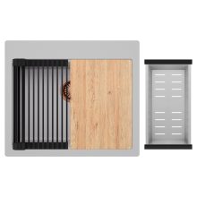 HD Infinity Grey 58 egymedencés gránit mosogatótálca szett, vágódeszkával, matt fekete csepegtetőráccsal és krómozott kosárral, alpesi szürke színben, szálcsiszolt réz leeresztő szifonnal