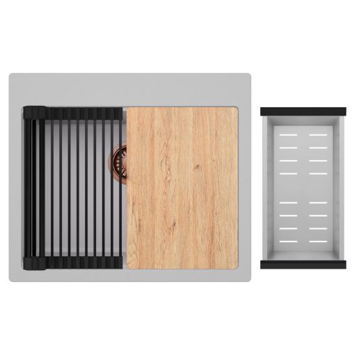 HD Infinity Grey 58 egymedencés gránit mosogatótálca szett, vágódeszkával, matt fekete csepegtetőráccsal és krómozott kosárral, alpesi szürke színben, szálcsiszolt réz leeresztő szifonnal