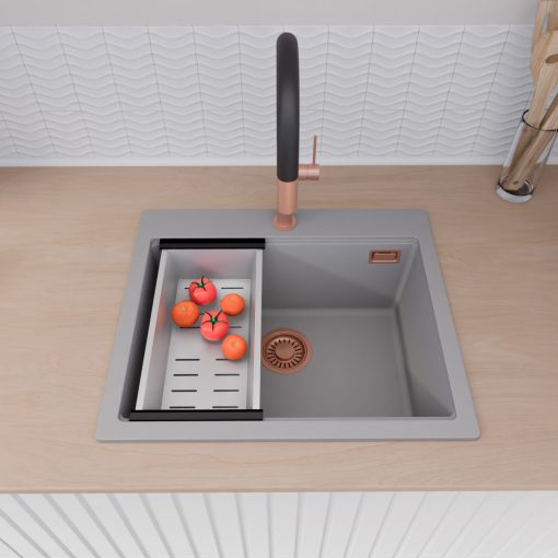 HD Infinity Grey 58 egymedencés gránit mosogatótálca szett, vágódeszkával, matt fekete csepegtetőráccsal és krómozott kosárral, alpesi szürke színben, szálcsiszolt réz leeresztő szifonnal