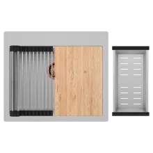 HD Infinity Grey 58 egymedencés gránit mosogatótálca szett, vágódeszkával, acél csepegtetőráccsal és kosárral, alpesi szürke színben, szálcsiszolt réz leeresztő szifonnal