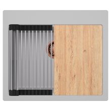 HD Infinity Grey 58 egymedencés gránit mosogatótálca szett, vágódeszkával, acél csepegtetőráccsal, alpesi szürke színben, szálcsiszolt réz leeresztő szifonnal