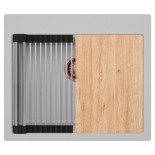 HD Infinity Grey 58 egymedencés gránit mosogatótálca szett, vágódeszkával, acél csepegtetőráccsal, alpesi szürke színben, szálcsiszolt réz leeresztő szifonnal