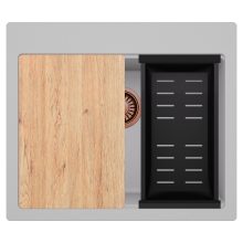 HD Infinity Grey 58 egymedencés gránit mosogatótálca szett, vágódeszkával, matt fekete csepegtetőkosárral, alpesi szürke színben, szálcsiszolt réz leeresztő szifonnal