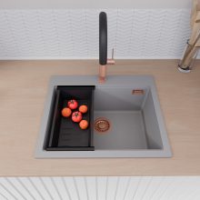 HD Infinity Grey 58 egymedencés gránit mosogatótálca szett, vágódeszkával, matt fekete csepegtetőkosárral, alpesi szürke színben, szálcsiszolt réz leeresztő szifonnal