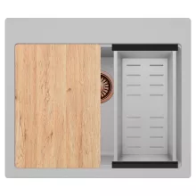 HD Infinity Grey 58 egymedencés gránit mosogatótálca szett, vágódeszkával, acél csepegtetőkosárral, alpesi szürke színben, szálcsiszolt réz leeresztő szifonnal