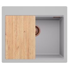 HD Infinity Grey 58 egymedencés gránit mosogatótálca, vágódeszkával, alpesi szürke színben, szálcsiszolt réz leeresztő szifonnal