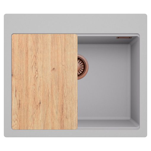 HD Infinity Grey 58 egymedencés gránit mosogatótálca, vágódeszkával, alpesi szürke színben, szálcsiszolt réz leeresztő szifonnal