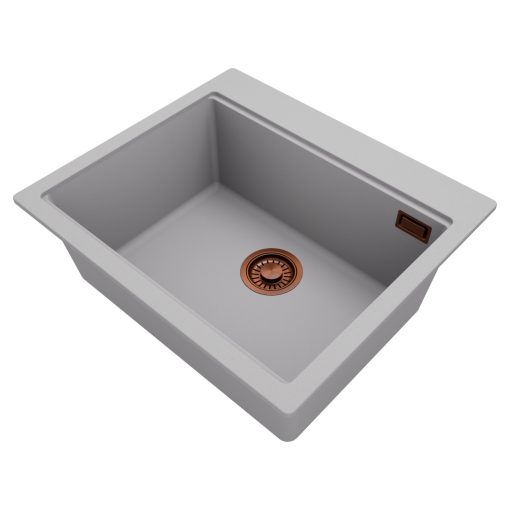 HD Infinity Grey 58 egymedencés gránit mosogatótálca, vágódeszkával, alpesi szürke színben, szálcsiszolt réz leeresztő szifonnal