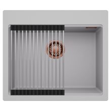 HD Infinity Grey 58 egymedencés gránit mosogatótálca szett, acél csepegtetőráccsal, alpesi szürke színben, szálcsiszolt réz leeresztő szifonnal