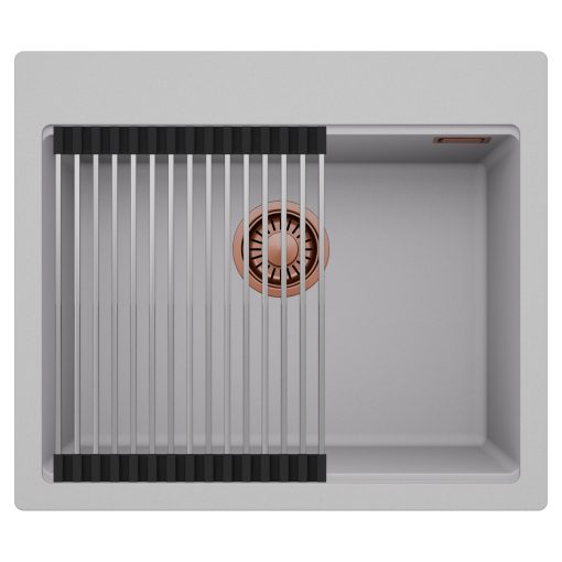 HD Infinity Grey 58 egymedencés gránit mosogatótálca szett, acél csepegtetőráccsal, alpesi szürke színben, szálcsiszolt réz leeresztő szifonnal