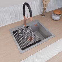 HD Infinity Grey 58 egymedencés gránit mosogatótálca szett, acél csepegtetőráccsal, alpesi szürke színben, szálcsiszolt réz leeresztő szifonnal