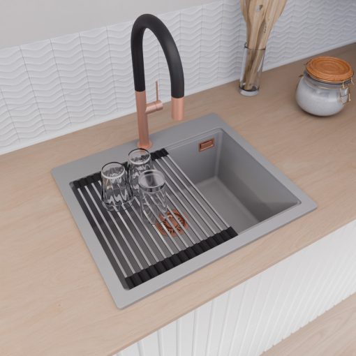 HD Infinity Grey 58 egymedencés gránit mosogatótálca szett, acél csepegtetőráccsal, alpesi szürke színben, szálcsiszolt réz leeresztő szifonnal