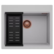 HD Infinity Grey 58 egymedencés gránit mosogatótálca szett, matt fekete csepegtetőkosárral, alpesi szürke színben, szálcsiszolt réz leeresztő szifonnal