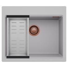 HD Infinity Grey 58 egymedencés gránit mosogatótálca szett, acél csepegtetőkosárral, alpesi szürke színben, szálcsiszolt réz leeresztő szifonnal