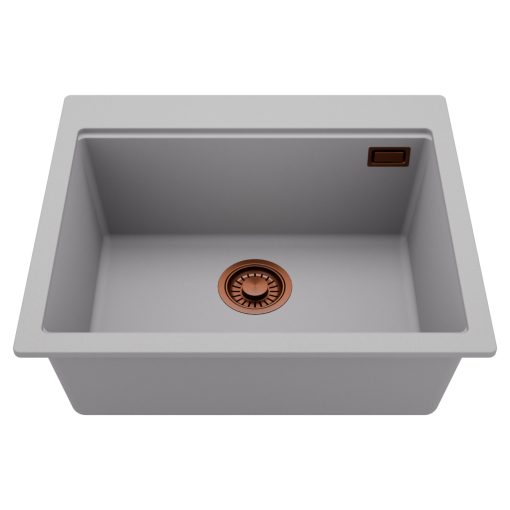 HD Infinity Grey 58 egymedencés gránit mosogatótálca, alpesi szürke színben, szálcsiszolt réz leeresztő szifonnal