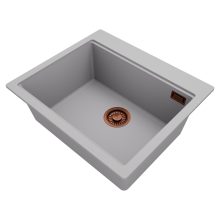 HD Infinity Grey 58 egymedencés gránit mosogatótálca, alpesi szürke színben, szálcsiszolt réz leeresztő szifonnal