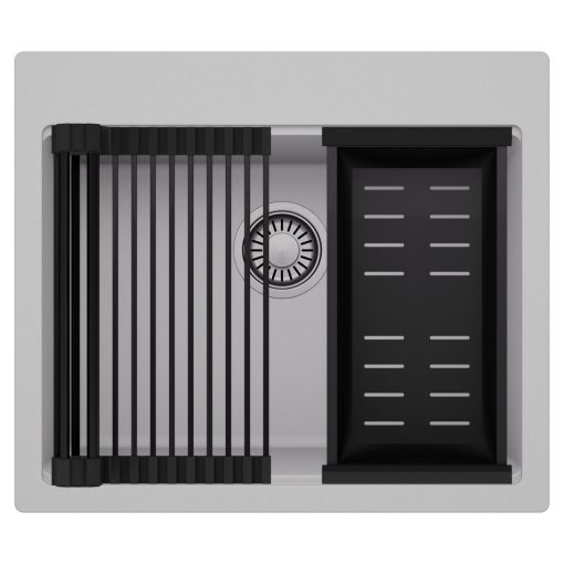 HD Infinity Grey 58 egymedencés gránit mosogatótálca szett, matt fekete csepegtetőráccsal és kosárral, alpesi szürke színben