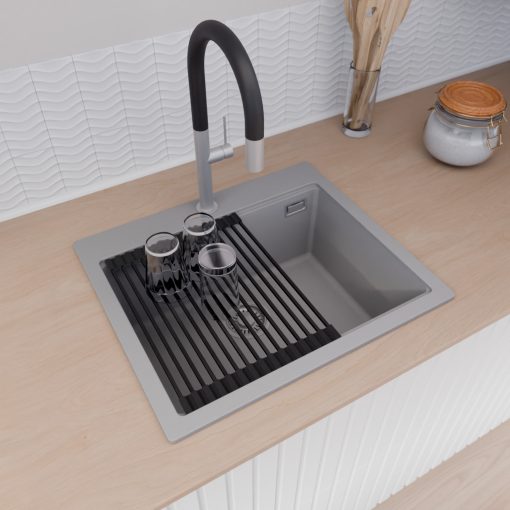 HD Infinity Grey 58 egymedencés gránit mosogatótálca szett, matt fekete csepegtetőráccsal és krómozott kosárral, alpesi szürke színben