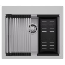 HD Infinity Grey 58 egymedencés gránit mosogatótálca szett, acél csepegtetőráccsal és matt fekete kosárral, alpesi szürke színben