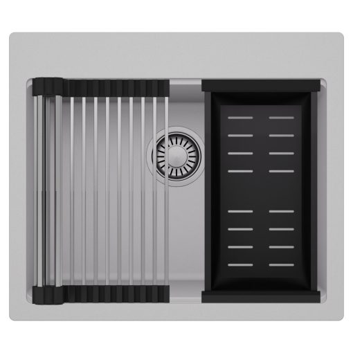 HD Infinity Grey 58 egymedencés gránit mosogatótálca szett, acél csepegtetőráccsal és matt fekete kosárral, alpesi szürke színben