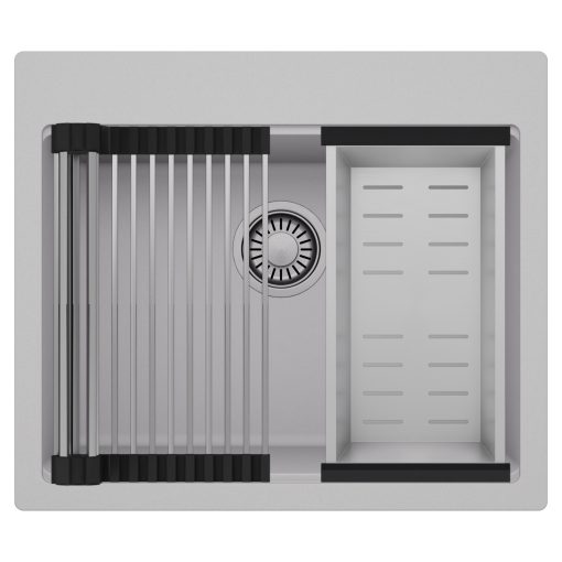 HD Infinity Grey 58 egymedencés gránit mosogatótálca szett, acél csepegtetőráccsal és kosárral, alpesi szürke színben