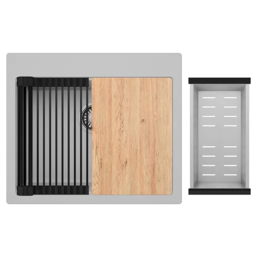 HD Infinity Grey 58 egymedencés gránit mosogatótálca szett, vágódeszkával, matt fekete csepegtetőráccsal és krómozott kosárral, alpesi szürke színben