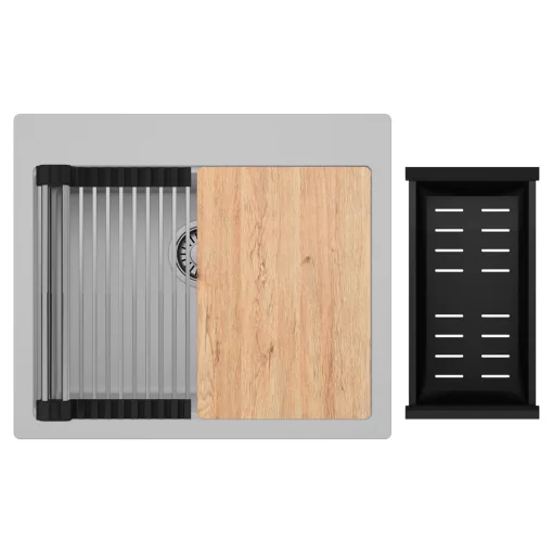 HD Infinity Grey 58 egymedencés gránit mosogatótálca szett, vágódeszkával, acél csepegtetőráccsal és matt fekete kosárral, alpesi szürke színben