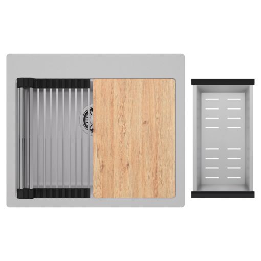 HD Infinity Grey 58 egymedencés gránit mosogatótálca szett, vágódeszkával, acél csepegtetőráccsal és kosárral, alpesi szürke színben