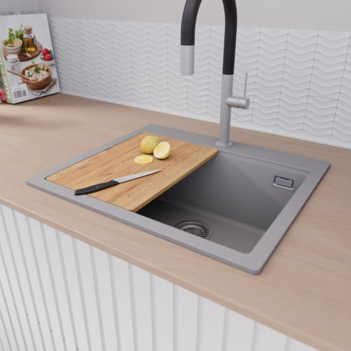 HD Infinity Grey 58 egymedencés gránit mosogatótálca szett, vágódeszkával, acél csepegtetőráccsal és kosárral, alpesi szürke színben