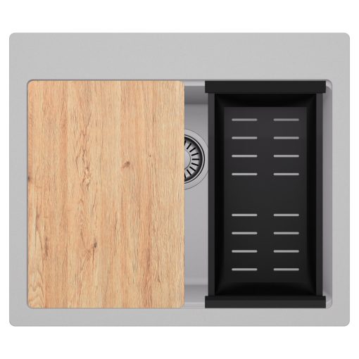 HD Infinity Grey 58 egymedencés gránit mosogatótálca szett, vágódeszkával, matt fekete csepegtetőkosárral, alpesi szürke színben