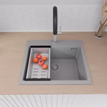 HD Infinity Grey 58 egymedencés gránit mosogatótálca szett, vágódeszkával, acél csepegtetőkosárral, alpesi szürke színben