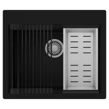 HD Infinity Black 58 egymedencés gránit mosogatótálca szett, matt fekete csepegtetőráccsal és krómozott kosárral, matt fekete színben, szálcsiszolt króm leeresztő szifonnal