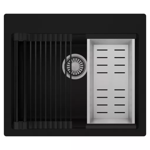 HD Infinity Black 58 egymedencés gránit mosogatótálca szett, matt fekete csepegtetőráccsal és krómozott kosárral, matt fekete színben, szálcsiszolt króm leeresztő szifonnal