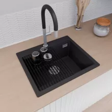 HD Infinity Black 58 egymedencés gránit mosogatótálca szett, matt fekete csepegtetőráccsal és krómozott kosárral, matt fekete színben, szálcsiszolt króm leeresztő szifonnal