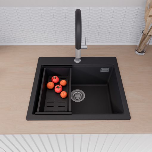 HD Infinity Black 58 egymedencés gránit mosogatótálca szett, acél csepegtetőráccsal és matt fekete kosárral, matt fekete színben, szálcsiszolt króm leeresztő szifonnal