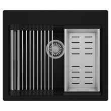 HD Infinity Black 58 egymedencés gránit mosogatótálca szett, acél csepegtetőráccsal és kosárral, matt fekete színben, szálcsiszolt króm leeresztő szifonnal
