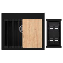 HD Infinity Black 58 egymedencés gránit mosogatótálca szett, vágódeszkával, matt fekete csepegtetőráccsal és kosárral, matt fekete színben, szálcsiszolt króm leeresztő szifonnal