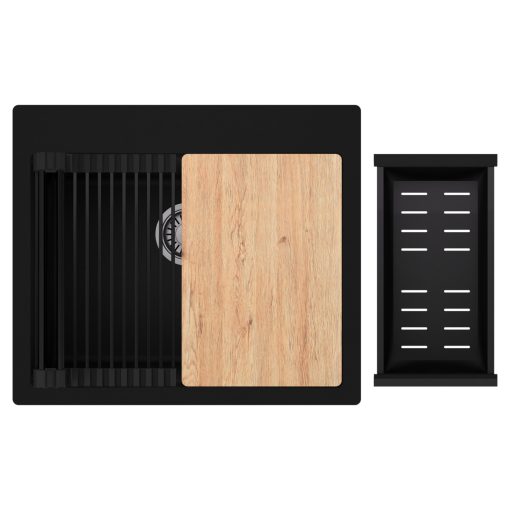 HD Infinity Black 58 egymedencés gránit mosogatótálca szett, vágódeszkával, matt fekete csepegtetőráccsal és kosárral, matt fekete színben, szálcsiszolt króm leeresztő szifonnal