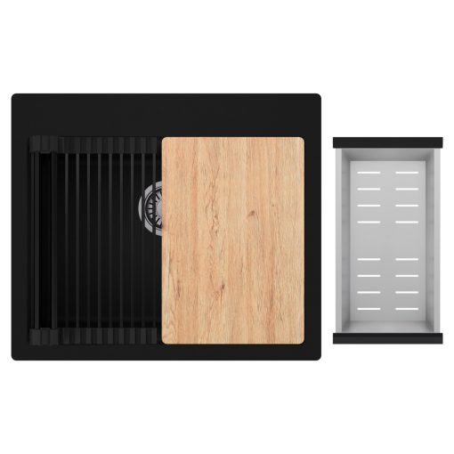 HD Infinity Black 58 egymedencés gránit mosogatótálca szett, vágódeszkával, matt fekete csepegtetőráccsal és krómozott kosárral, matt fekete színben, szálcsiszolt króm leeresztő szifonnal