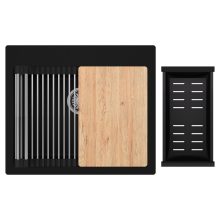 HD Infinity Black 58 egymedencés gránit mosogatótálca szett, vágódeszkával, acél csepegtetőráccsal és matt fekete kosárral, matt fekete színben, szálcsiszolt króm leeresztő szifonnal