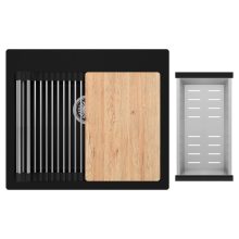 HD Infinity Black 58 egymedencés gránit mosogatótálca szett, vágódeszkával, acél csepegtetőráccsal és kosárral, matt fekete színben, szálcsiszolt króm leeresztő szifonnal