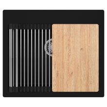 HD Infinity Black 58 egymedencés gránit mosogatótálca szett, vágódeszkával, acél csepegtetőráccsal, matt fekete színben, szálcsiszolt króm leeresztő szifonnal