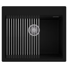 HD Infinity Black 58 egymedencés gránit mosogatótálca szett, acél csepegtetőráccsal, matt fekete színben, szálcsiszolt króm leeresztő szifonnal