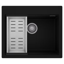 HD Infinity Black 58 egymedencés gránit mosogatótálca szett, acél csepegtetőkosárral, matt fekete színben, szálcsiszolt króm leeresztő szifonnal