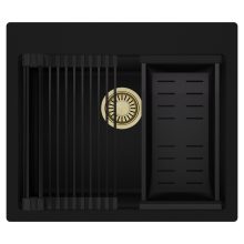 HD Infinity Black 58 egymedencés gránit mosogatótálca szett, matt fekete csepegtetőráccsal és kosárral, matt fekete színben, szálcsiszolt arany leeresztő szifonnal