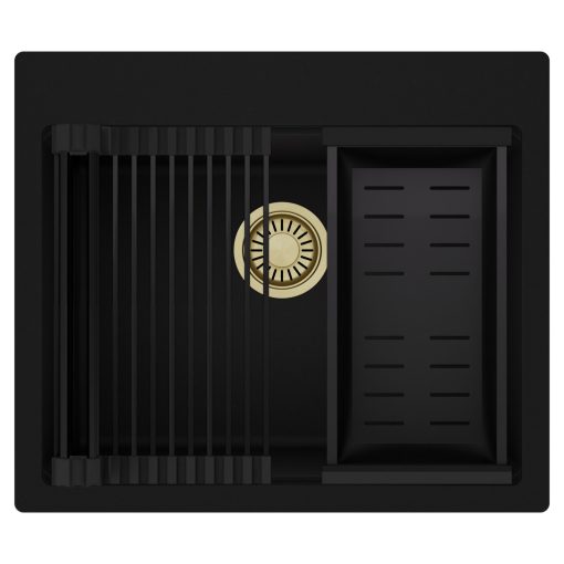HD Infinity Black 58 egymedencés gránit mosogatótálca szett, matt fekete csepegtetőráccsal és kosárral, matt fekete színben, szálcsiszolt arany leeresztő szifonnal