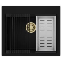 HD Infinity Black 58 egymedencés gránit mosogatótálca szett, matt fekete csepegtetőráccsal és krómozott kosárral, matt fekete színben, szálcsiszolt arany leeresztő szifonnal